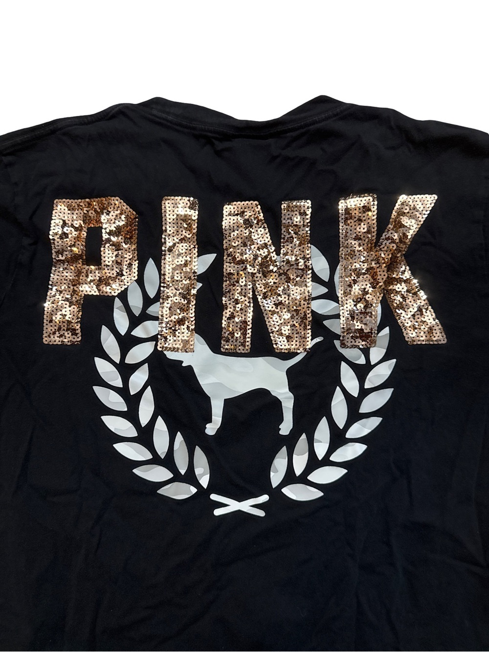 Victoria’s Secret Pink Sequin Bling Dog T-Shirt Black Women’s Size M Y2K Shiny